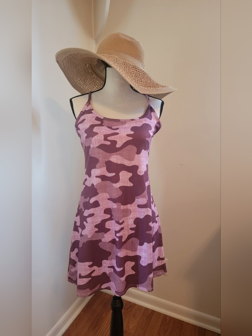 EVCR Women's Active Dress with shorts underneath. Pink and Purple Camo Large